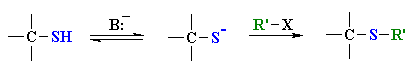 a thiolate Nu attacks an alkyl halide to give the thioether