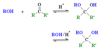 reaction with alcohols gives acetals and ketals