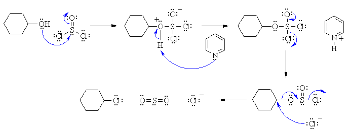 Mechanism for the reaction of an alcohol with thionyl chloride giving an alkyl chloride
